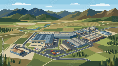 Isometric view of a sprawling industrial complex nestled beside rolling hills and distant mountains, depicting logistics and distribution.