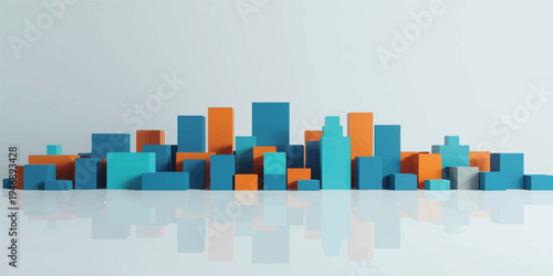 A colorful 3d digital illustration of a business graph with an arrow and geometric cubes on a blue background featuring square technology elements for a web concept design