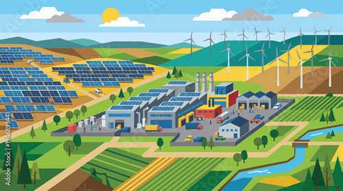 A vibrant, flat illustration depicts a sprawling renewable energy facility with vast solar panel arrays and wind turbines alongside an industrial complex and agricultural fields.