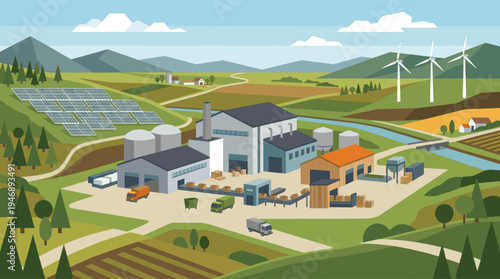 This flat design illustration depicts a sustainable industrial complex featuring solar panels, wind turbines, and a factory with a conveyor belt system processing goods.