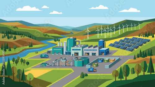 An industrial facility powered by renewable energy sources including solar panels and wind turbines, set in a scenic landscape with a river and recycling bins.