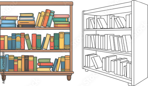 Two bookshelves with books one colored and one outlined bookshelf colored books