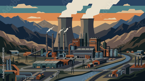A stylized, geometric illustration depicts a sprawling industrial complex with smoking chimneys and cooling towers set against a backdrop of rugged mountains and a colorful sunset sky.