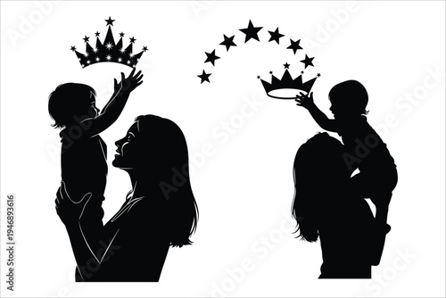Silhouette of loving couple sharing royal crown with stars