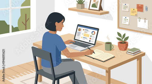 A young woman with dark hair works on her laptop at a wooden desk in a bright room, with a plant, books, and a bulletin board nearby.