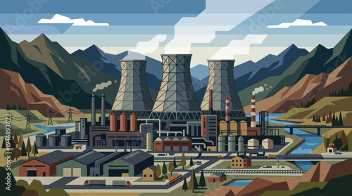 A stylized, geometric illustration depicts a sprawling industrial complex with cooling towers, smokestacks, factories, and power lines nestled in a mountainous landscape beside a river.
