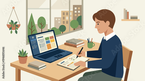 A man is working diligently at his desk with a laptop and notebook, surrounded by plants and a city view, in a calm and focused atmosphere.