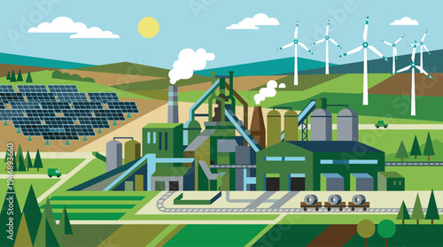 A stylized illustration depicts a landscape with a sprawling industrial plant, solar panels, and wind turbines, representing a blend of traditional industry and renewable energy.