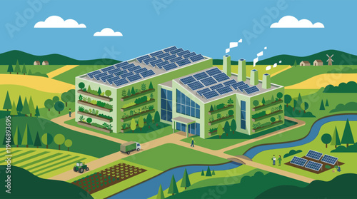 Isometric illustration of a sustainable community with solar panels on factory roofs, vertical gardens, a farm with a tractor, and a river.