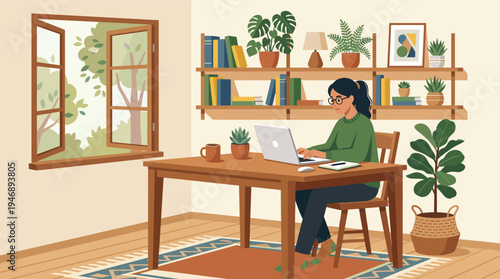 A young woman with glasses works diligently on her laptop in a bright, plant-filled home office, with an open window offering a view of nature.