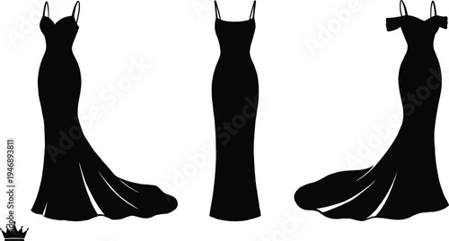 Elegant women evening gown silhouette set with long formal dress fashion design luxury outfit collection illustration