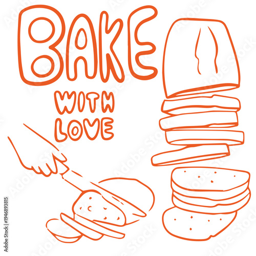 Bakery hand drawn doodle with bread slicing knife and bake with love lettering
