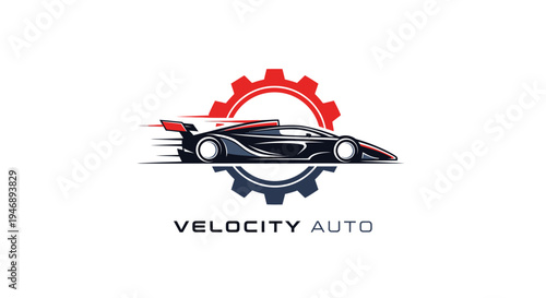 High Performance Sport Car with Gear and "VELOCITY AUTO" Text for Automotive Business on Isolated White Background