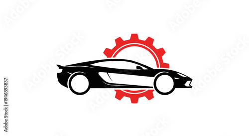 Sport Car with Red Gear Icon for Automotive Engineering and Performance on Isolated White Background