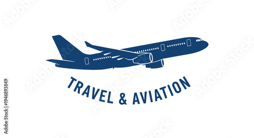 Passenger Airplane with "TRAVEL & AVIATION" Text for Global Transportation on Isolated White Background