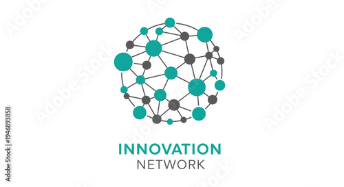 Innovation Network Text Below Abstract Spherical Grid of Dots and Lines, isolated white background.