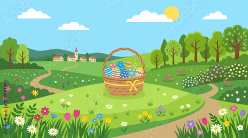 A woven basket filled with colorful, patterned Easter eggs sits in a vibrant green meadow dotted with wildflowers and rabbits under a bright, sunny sky.
