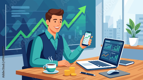A smiling businessman sits at his desk, checking stock market trends on his phone and laptop, with a cup of coffee and coins nearby.