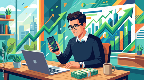 A man in glasses smiles while looking at his phone, showing a stock chart, with a laptop, money, and coffee on his desk.