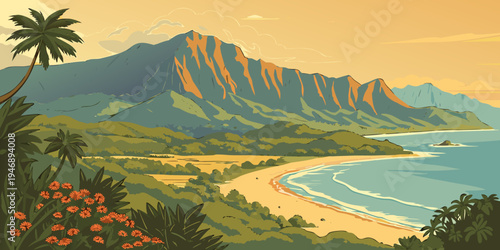 Hanalei Bay Lush Mountains Beach Sunset Panorama – Tropical Paradise Landscape in the USA, United States, U.S., US