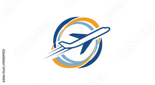 Abstract Airplane Travel Logo Design with Circular Flight Path, isolated white background.