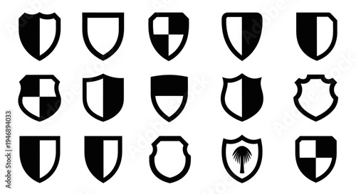 Minimalist Black Shield Icons Collection, isolated white background