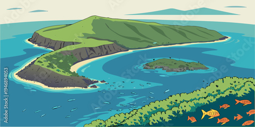 Molokini Crater Turquoise Ocean Aerial Panorama – Coral Reef Paradise in the USA, United States, U.S., US