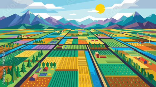 A vibrant and stylized illustration of a sprawling agricultural valley with colorful patchwork fields, farms, solar panels, wind turbines, and majestic mountains under a sunny sky.