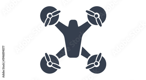 Dark gray drone or quadcopter icon with four propellers on isolated white background.