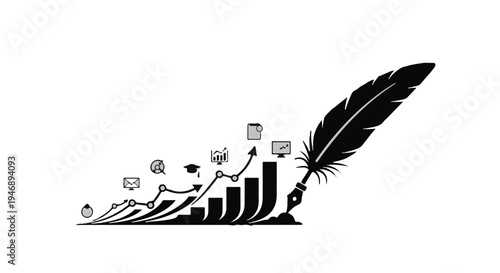 business growth chart with feather pen and social media icons