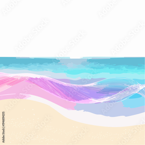 Vibrant pastel waves gently caress the tranquil sandy shore, creating an ethereal abstract beach scene