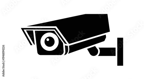 Black silhouette of a wall-mounted CCTV security camera, representing surveillance and protection, isolated white background.