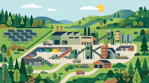 An eco-friendly industrial recycling plant is situated in a vibrant green landscape with solar panels and trees under a sunny sky.