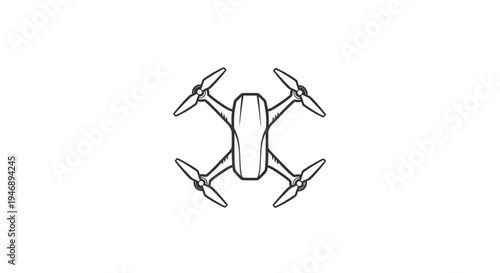 Top view outline drawing of a drone with four propellers, representing modern aerial technology, isolated white background.