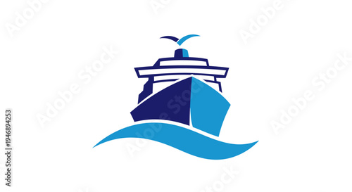 Blue ship with waves and seagull icon, symbolizing sea travel or cargo shipping on an isolated white background.
