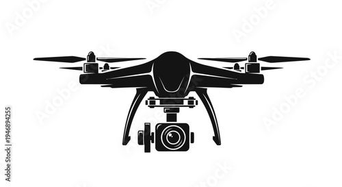 Black silhouette of a camera drone for aerial photography and videography, isolated white background.