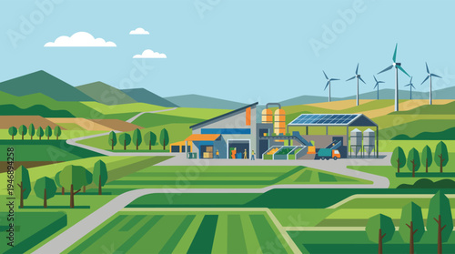 This stylized illustration shows a modern agricultural facility powered by renewable energy, featuring wind turbines and solar panels amidst rolling green hills.
