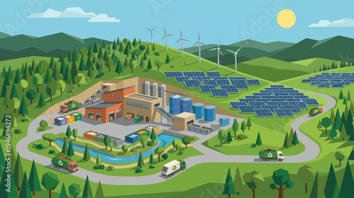 A vibrant isometric illustration depicts a sustainable facility with wind turbines and solar panels alongside a recycling center, showcasing eco-friendly industry.