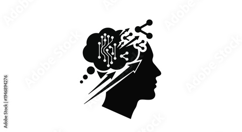 black silhouette of a human head with circuit board and data visualization