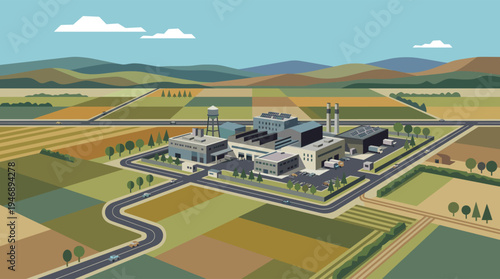This isometric illustration depicts a sprawling factory complex with solar panels and smokestacks, nestled amidst patchwork farmland and rolling hills under a bright blue sky.