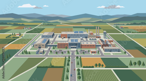 A stylized illustration of a large industrial factory complex situated within a vast agricultural landscape featuring rolling hills and patchwork fields.
