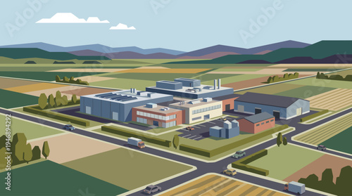 An illustration of a modern industrial facility situated amidst rolling fields and distant mountains under a clear sky with scattered clouds, showing roads and vehicles.