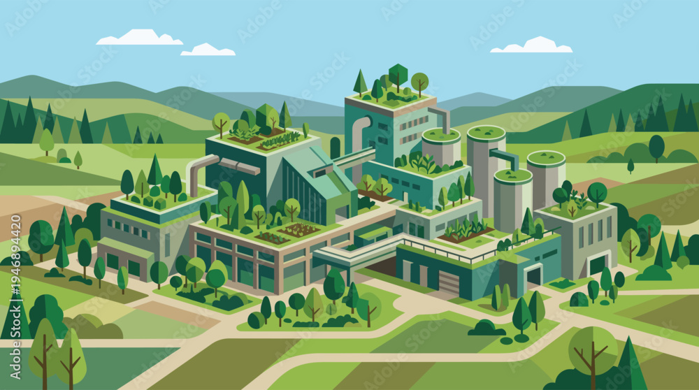 Obraz premium An isometric illustration of a modern factory building with extensive rooftop gardens and trees, surrounded by rolling green hills and a clear blue sky.