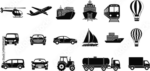 Collection of transportation silhouette icons including cars, trucks, ships, airplanes, helicopter, hot air balloon, and train vector illustrations