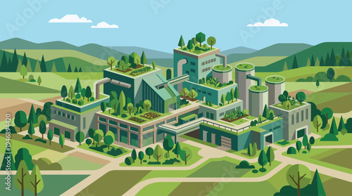 An isometric illustration of a modern factory building with extensive rooftop gardens and trees, surrounded by rolling green hills and a clear blue sky.