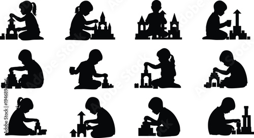 Collection of twelve black silhouettes of children sitting and playing with building blocks, symbolizing creativity, learning, and developmental play activities.