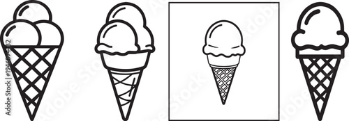 Black ice cream cone icon set outline black and white, Vector design.