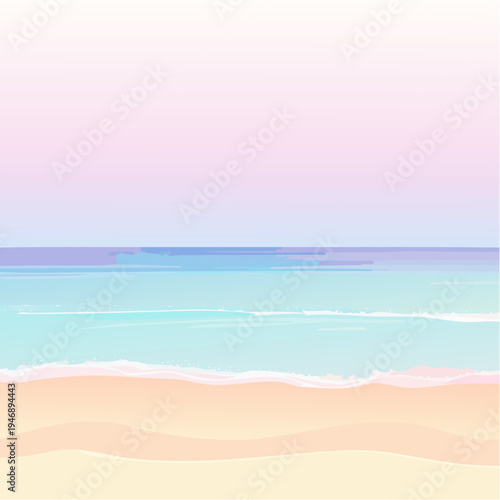 Serene pastel beach illustration with calm ocean waves and soft gradient sky for tranquil summer concepts
