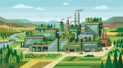 A modern factory complex integrated with nature, featuring green rooftops, solar panels, and wind turbines, set against a backdrop of rolling hills and a river.