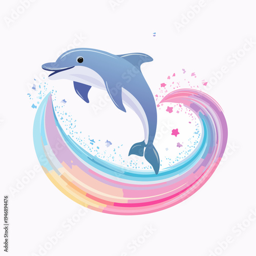 Playful dolphin jumping and splashing in a vibrant rainbow wave